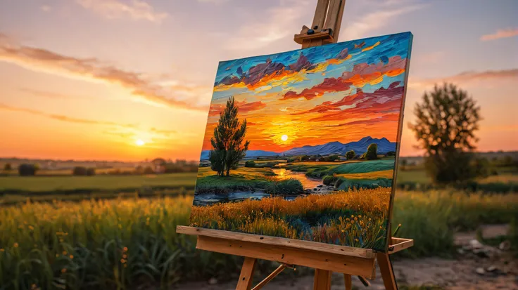 a realistic-looking painting of a real landscape on an easel, sunset, outdoor, same landscape in backgound as van gogh style, highly detailed, vibrant colors, intricate, ultra hd, sharp focus, film grain, Fujifilm XT3 <lora:add-detail-xl:2> <lora:neg4all_bdsqlsz_xl_V7:0.8>