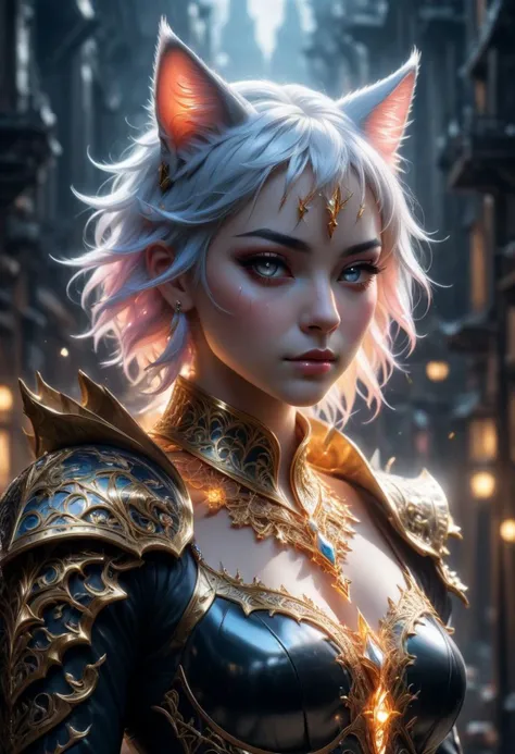 (gender-fluid neko, white cat ears, heterochromic eyes, wearing a charm collar), (Masterpiece, absurdres ,beautiful, mystic background fantasy, extremely highly detailed, focused flash photo, amazing quality, best quality, hyper detailed, ultra detailed, HDR, UHD, perfect anatomy, depth of field, dramatic light, detailed atmosphere, volumetric light, high resolution, 8k, highly detailed, photorealistic, dramatic lighting, high quality, exquisite details, delicate atmospheres, intricately details, highly detailed textures), (extremely detailed Face, extremely detailed Eyes, extremely detailed Outfit, extremely detailed body),