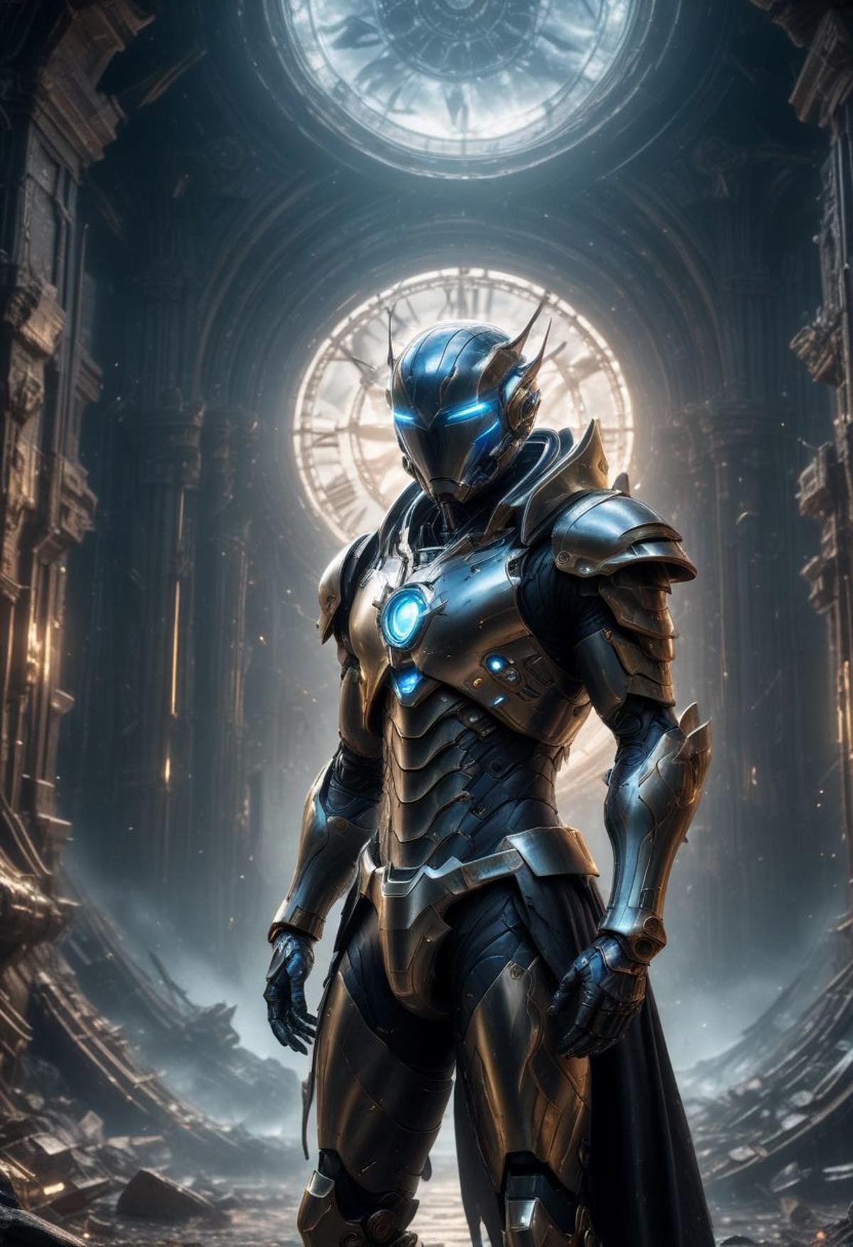 A man in armor standing in a dark room with a clock - SeaArt AI