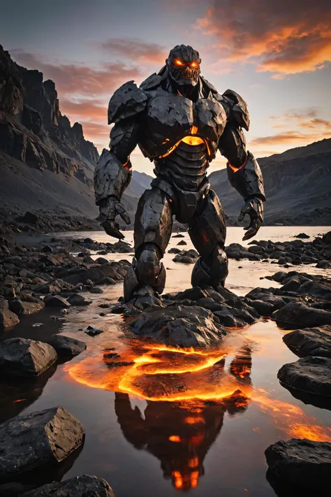 a photo of an earth golem made of rocks rises from a lake of molten lava, photorealistic, hd, 3D, dramatic lighting, RAW photo, high quality, film grain, Fujifilm XT3 <lora:add-detail-xl:2> > <lora:neg4all_bdsqlsz_xl_V7:1>