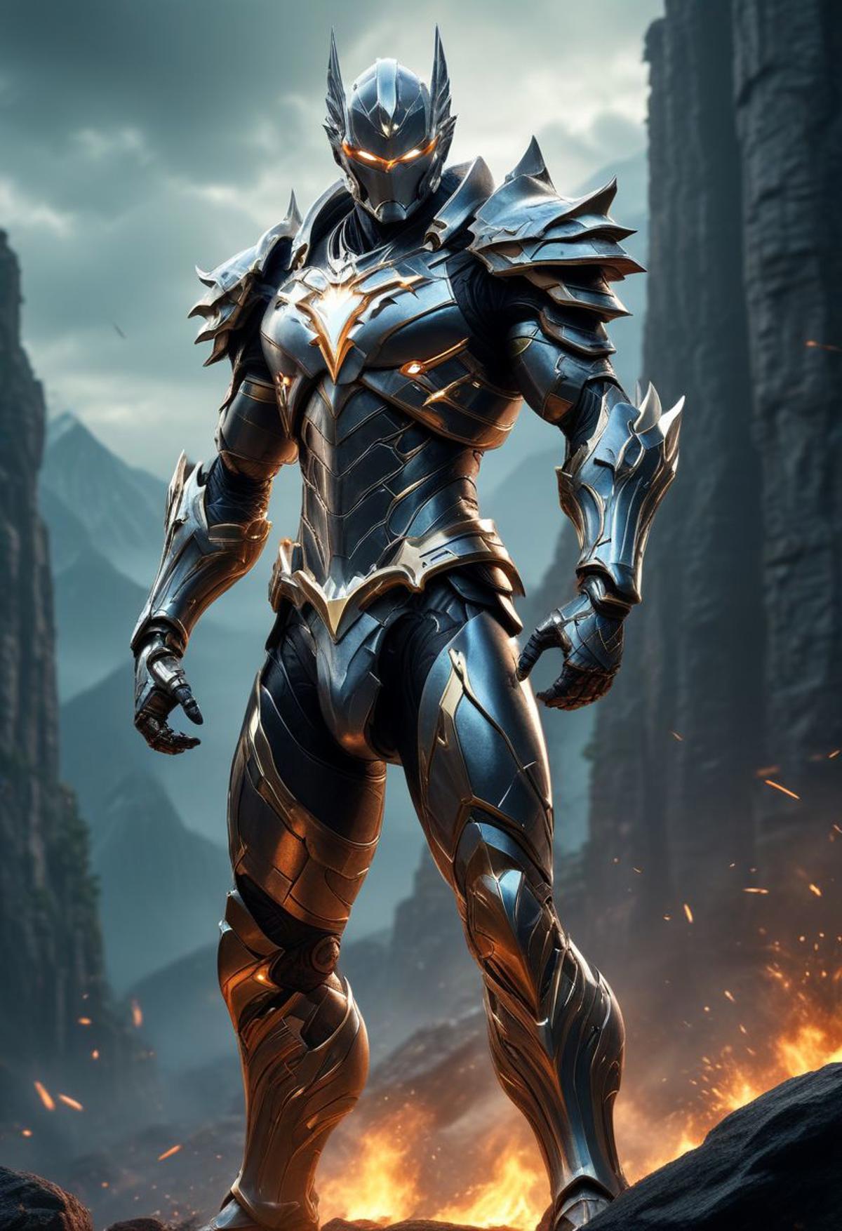 A man in armor standing on a rocky hill with flames - SeaArt AI