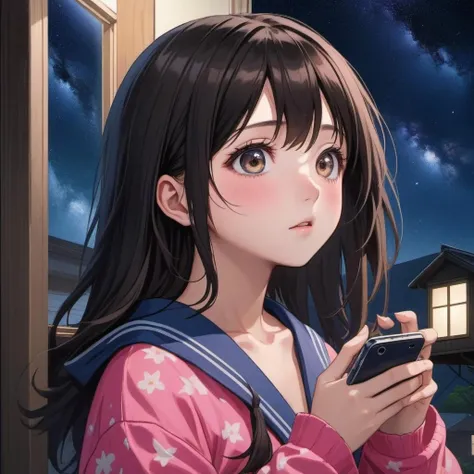1girl, teen (have a smartphone with both hands, at midnight, starly sky, looking up at the sky, looking away, side view, shoot from side, facial profile:2) (cowboy shot, by window:1.5) (cute,serious,bare face,big eyes,black hair:1.4) straight hear, medium hair, pink pajamas BREAK japanese, japanese idol, black eyes (best quality, ultra high res, Realistic, RAW photo, real person, portrait photography, photorealistic, detailed skin, fair skin, beautiful detailed eyes) <lora:neg4all_bdsqlsz_xl_V7:0.8>