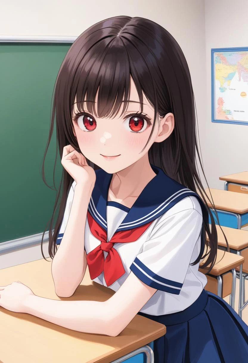 1girl (white sailor-fuku, short sleeve, deep blue collar, deep blue skirt, red neckerchief:1.5) BREAK (cute,sweet,tareme,red glasses,big eyes,black hair:1.4) (smile:1.2) long hair, straight hear, bangs pinned back, short tall, cowboy shot (in classroom, hands behind back:1.5) (stand up:1.2) BREAK japanese, japanese idol, black eyes (best quality, ultra high res, Realistic, RAW photo, real person, portrait photography, photorealistic, detailed skin, fair skin, beautiful detailed eyes) <lora:neg4all_bdsqlsz_xl_V7:0.8>