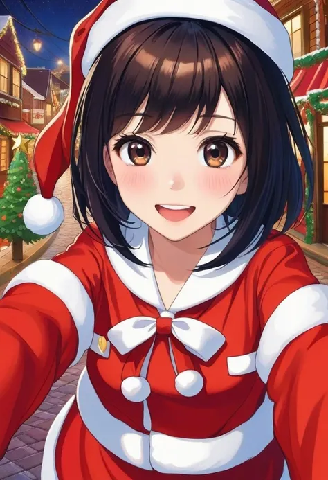 1girl, teen (santa claus costume, red long sleeves:1.5) (cute,sweet,smile,bare face,big eyes, black hair, straight hair, open mouth:1.4) short tall, cowboy shot (dynamic pose,from side:1.4) BREAK (night, christmas town,hands behind back:1.4) japanese, japanese idol, medium hair, black eyes, (best quality, ultra high res, Realistic, RAW photo, real person, portrait photography, photorealistic, detailed skin, fair skin, beautiful detailed eyes) <lora:neg4all_bdsqlsz_xl_V7:0.8>