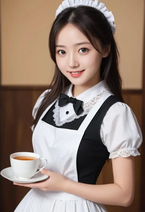 1girl, teen, working in tearoom (white maid apron:1.5) (black lace maid dress,black lace long maid skirt,maid headband,maid bow tie,wrist cuffs,black lace stockings:1.3) BREAK (cute,sweet,smile,bare face,big eyes, open mouth:1.4) black hair, straight hair, long hair BREAK (serve a cup of tea and saucer, dynamic angle:1.5) cowboy shot BREAK japanese, japanese idol, black eyes (best quality, ultra high res, Realistic, RAW photo, real person, portrait photography, photorealistic, detailed skin, fair skin, beautiful detailed eyes) <lora:neg4all_bdsqlsz_xl_V7:0.8>