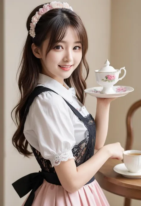 1girl, teen, working in tearoom (white maid apron:1.5) (black lace maid dress,black lace long maid skirt,maid headband,maid bow tie,wrist cuffs,black lace stockings:1.3) BREAK (cute,sweet,smile,bare face,big eyes, open mouth:1.4) black hair, straight hair, long hair BREAK (serve a cup of tea and saucer, dynamic angle:1.5) cowboy shot BREAK japanese, japanese idol, black eyes (best quality, ultra high res, Realistic, RAW photo, real person, portrait photography, photorealistic, detailed skin, fair skin, beautiful detailed eyes) <lora:neg4all_bdsqlsz_xl_V7:0.8>