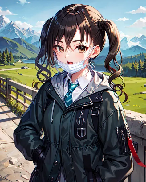 masterpiece, best quality, hi-res, <lora:AkiraD-000008:1>, AkiraD, black jacket, green necktie, short twintails, solo, looking at viewer, mouth mask, mask pull, sharp teeth, open mouth, (mountain, landscape, rural, mountainous horizon)