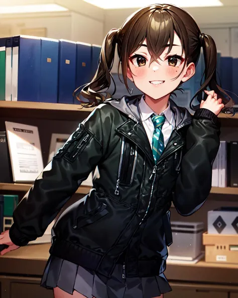 masterpiece, best quality, <lora:Akirachan-000013:1>, Akirachan, 1girl, (black jacket), white shirt, green necktie, short twintails, light smile, blush, solo, office,