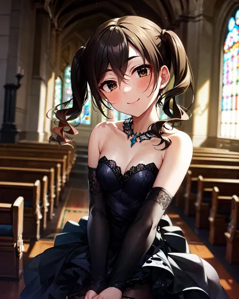 masterpiece, best quality, <lora:Akirachan-000013:1>, Akirachan, 1girl, short twintails, beautiful face, black dress, lace-trim, strapless, black gauntlets, blush, smile, closed mouth, looking at viewer, church, indoors