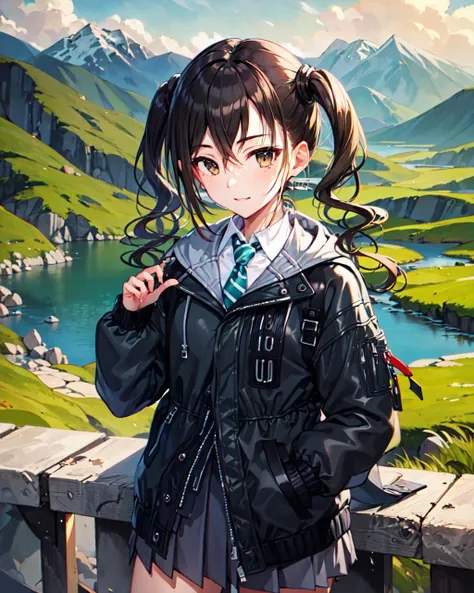 masterpiece, best quality, hi-res, <lora:AkiraD-000008:1>, AkiraD, black jacket, green necktie, short twintails, solo, looking at viewer, closed_mouth, (mountain, landscape, rural, mountainous horizon)