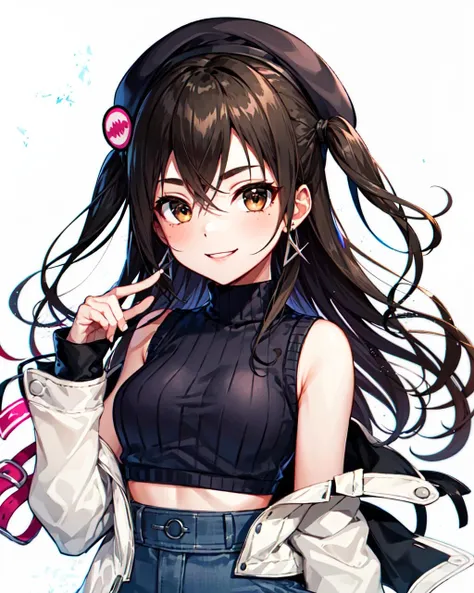 masterpiece, best quality, hi-res, <lora:AkiraC1:1>, AkiraC1, ribbed sweater, sleeveless turtleneck, white jacket, off shoulder, ribbon, beret, long hair, solo, looking at viewer, smile, closed_mouth