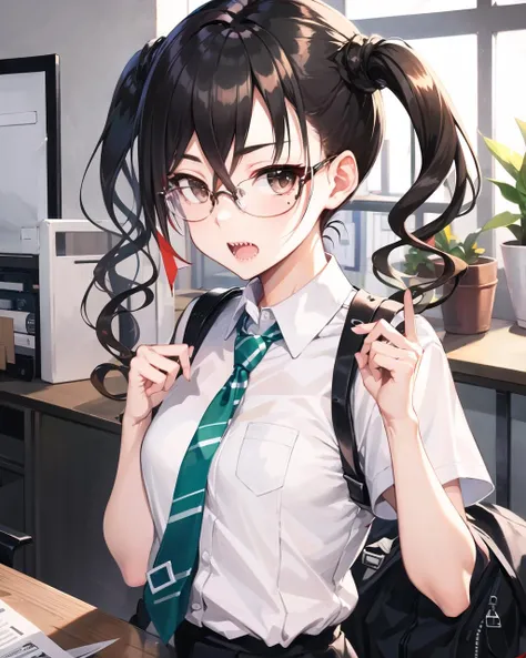 high quality, best quality, masterpiece, absurdres, <lora:AkiraD:1>, AkiraD, (white shirt, green necktie), (glasses), short twintails, solo, looking at viewer, serious, blush, straight-on, upper body, close-up, sharp teeth, indoors, office