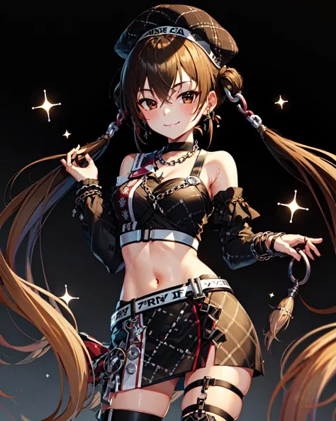 masterpiece, best quality, hi-res, <lora:AkiraC2:1>, AkiraC2, midriff, chain, belt, black skirt, black headwear, severed hair, solo, looking at viewer, smile, closed_mouth
