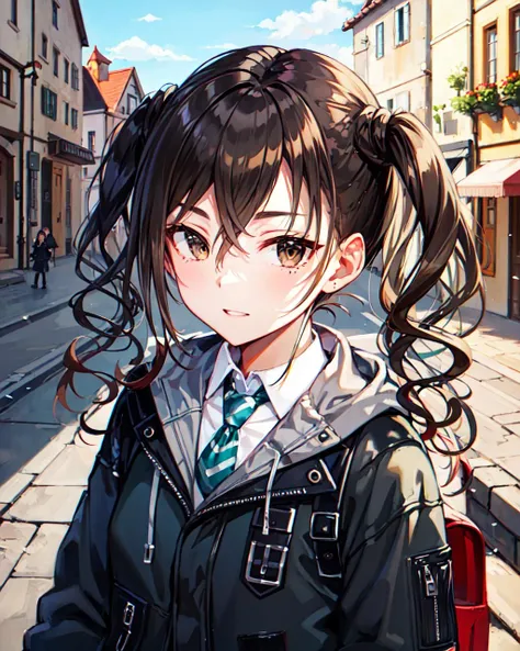 masterpiece, best quality, hi-res, <lora:AkiraD-000008:1>, AkiraD, black jacket, green necktie, short twintails, solo, close-up, looking at viewer, one_eye_closed, outdoors, panorama, ((medieval European town)),