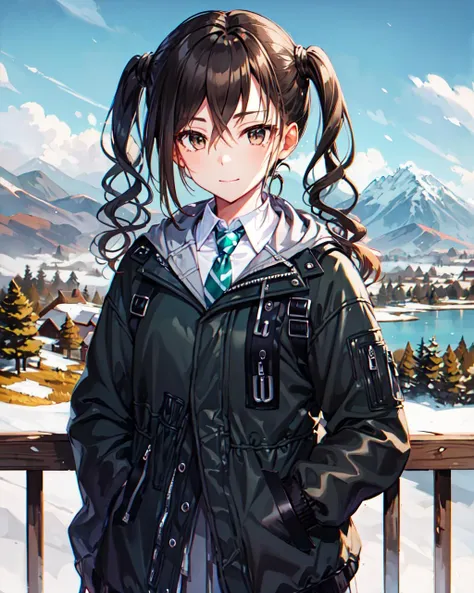 masterpiece, best quality, hi-res, <lora:AkiraD-000008:1>, AkiraD, black jacket, green necktie, short twintails, solo, looking at viewer, closed_mouth, (mountain, landscape, rural, mountainous horizon)
