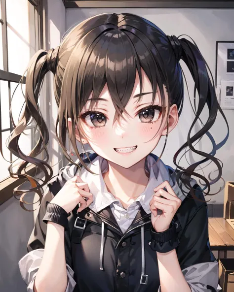 high quality, best quality, masterpiece, absurdres, <lora:AkiraD:1>, AkiraD, short twintails, solo, looking at viewer, smile, blush, straight-on, upper body, close-up, sharp teeth, indoors