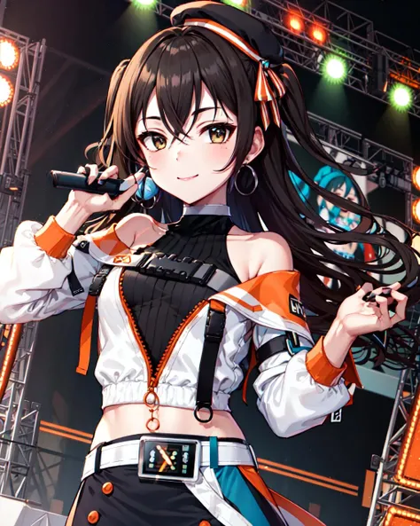 masterpiece, best quality, hi-res, <lora:AkiraC3:1>, AkiraC3, black leotard, white jacket, cropped jacket, off shoulder, pencil skirt, mini hat, belt, long hair, smile, closed_mouth, (idol, stage),