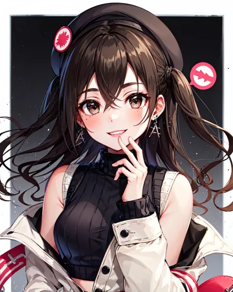 masterpiece, best quality, hi-res, <lora:AkiraC1:1>, AkiraC1, ribbed sweater, sleeveless turtleneck, white jacket, off shoulder, ribbon, beret, long hair, solo, looking at viewer, smile, closed_mouth