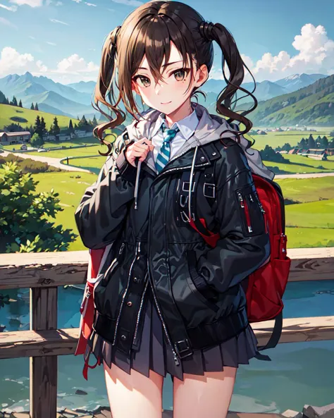 masterpiece, best quality, hi-res, <lora:AkiraD-000008:1>, AkiraD, black jacket, green necktie, short twintails, solo, looking at viewer, closed_mouth, (mountain, landscape, rural, mountainous horizon)