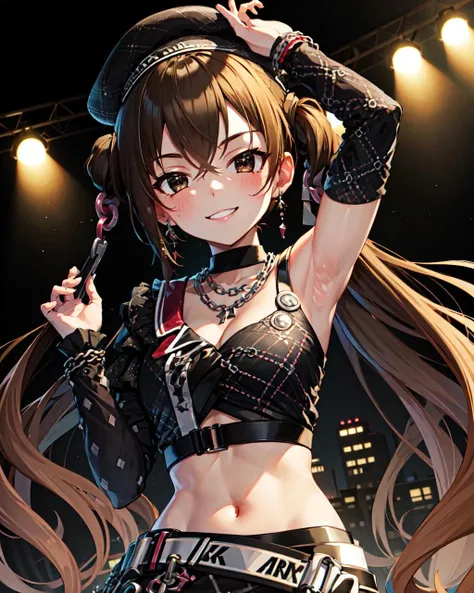 masterpiece, best quality, hi-res, <lora:AkiraC2:1>, AkiraC2, midriff, chain, belt, black skirt, black headwear, severed hair, solo, looking at viewer, smile, closed_mouth
