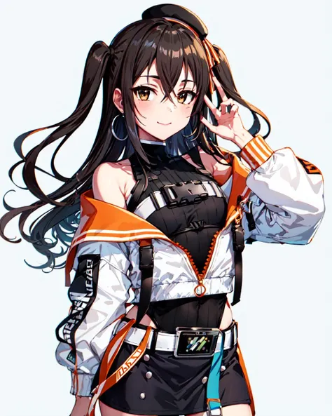 masterpiece, best quality, hi-res, <lora:AkiraC3:1>, AkiraC3, black leotard, white jacket, cropped jacket, off shoulder, pencil skirt, mini hat, belt, long hair, solo, looking at viewer, smile, closed_mouth