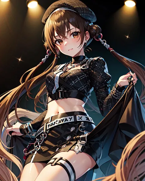 <lora:AkiraC2:1>, (masterpiece, best quality, hi-res:1.2), AkiraC2, midriff, chain, belt, black skirt, black headwear, severed hair, solo, looking at viewer, closed_mouth