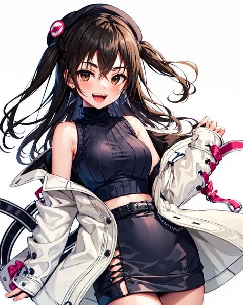 masterpiece, best quality, hi-res, <lora:AkiraC1:1>, AkiraC1, ribbed sweater, sleeveless turtleneck, white jacket, off shoulder, ribbon, beret, long hair, solo, looking at viewer, smile, open mouth, sharp teeth,