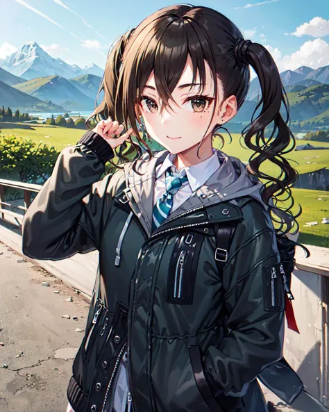 masterpiece, best quality, hi-res, <lora:AkiraD-000008:1>, AkiraD, black jacket, green necktie, short twintails, solo, looking at viewer, closed_mouth, (mountain, landscape, rural, mountainous horizon)