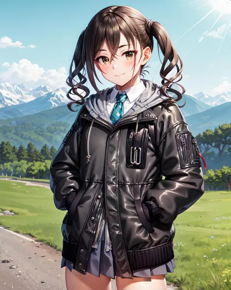 (masterpiece, best quality, high-res), <lora:Akirachan-06:1>, AkiraDefault, black jacket, hooded jacket, collared shirt, short necktie, long sleeves, short twintails, pleated skirt, closed mouth, blush, smile, looking at viewer, hands in pockets, outdoors, (nature, landscape, mountainous horizon), <lora:add_detail:0.3>