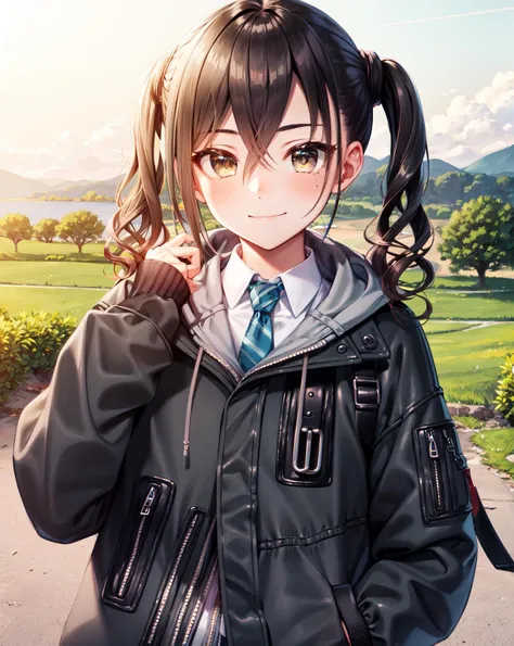 (masterpiece, best quality, high-res), <lora:Akirachan-06:1>, AkiraDefault, black jacket, hooded jacket, collared shirt, short necktie, long sleeves, short twintails, facing viewer, straight-on, blush, smile, closed mouth, outdoors, (nature, landscape, horizon), <lora:add_detail:0.3>