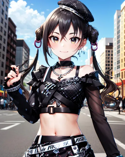 (masterpiece, best quality, high-res), <lora:Akirachan-06:1>, AkiraCostume2, midriff, black shirt, crop top, black sleeves, black headwear, black choker, low twintails, crystal earrings, chain, jewelry, belt, black skirt, severed hair, black hair, facing viewer, smile, closed mouth, outdoors, urban, metropolis, New York, <lora:add_detail:0.3>