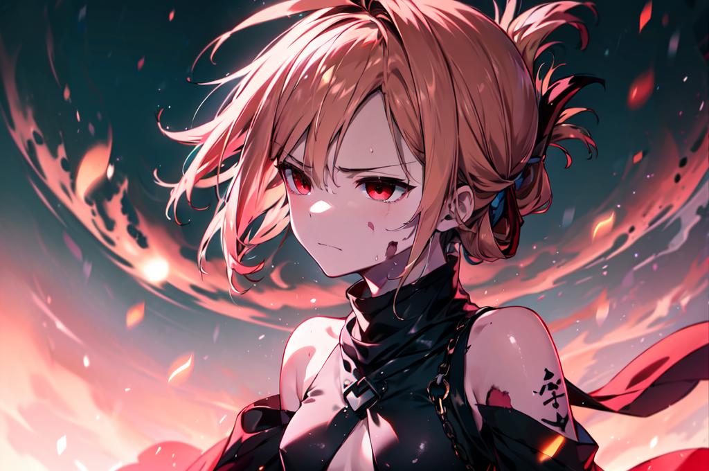 A woman with blonde hair and red eyes standing in front of a fire ...