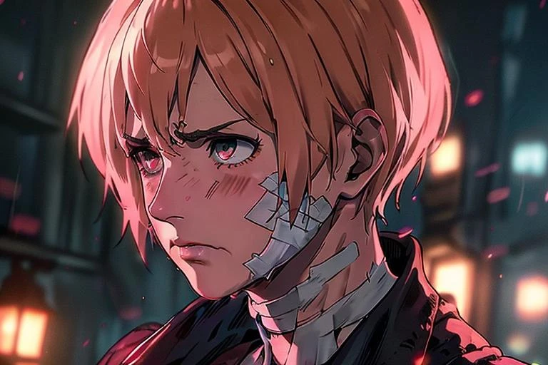you look lonely scene, (best quality:1.1), (masterpiece:1.2), (absurdres:1.0), portrait, upperbody, 1girl, night, bladerunner 2049 (blush:1.2), upset, sad, beaten up face, bandages, broken nose, nose bandage <lora:blade runner 2049 you look lonely scene:0.7> , <lora:AshleyGrahamRE:0.7> ashley graham, resident evil 4, bob hair