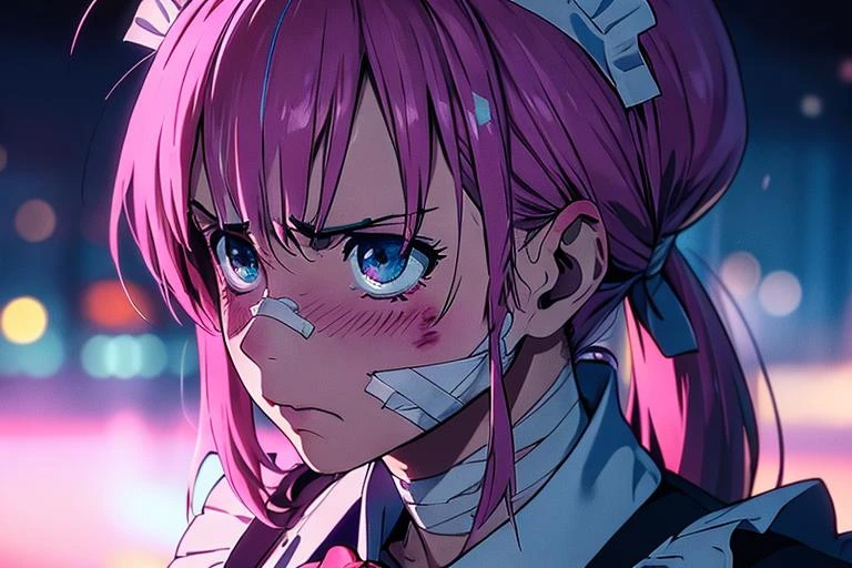 you look lonely scene, (best quality:1.1), (masterpiece:1.2), (absurdres:1.0), portrait, upperbody, 1girl, night, bladerunner 2049 (blush:1.2), upset, sad, beaten up face, bandages, broken nose, nose bandage <lora:blade runner 2049 you look lonely scene:0.7> , <lora:allVtubersLora_hll1Hololive:0.6> minato aqua, maid outfit