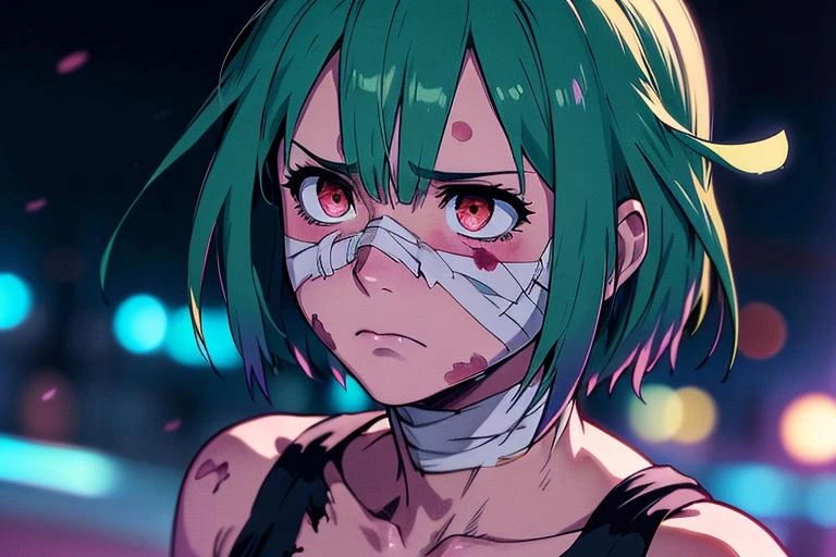you look lonely scene, (best quality:1.1), (masterpiece:1.2), (absurdres:1.0), portrait, upperbody, 1girl, night, bladerunner 2049 (blush:1.2), upset, sad, beaten up face, bandages, broken nose, nose bandage <lora:blade runner 2049 you look lonely scene:0.7> , <lora:allVtubersLora_hll1Hololive:0.7> uruha rushia, green hair