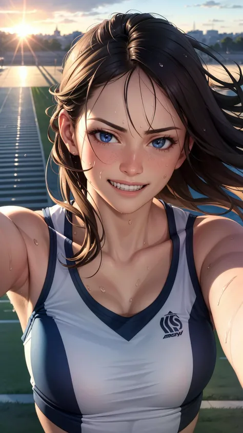 best quality, masterpiece, realistic, photorealism, photo, hdr, detailed, intricate, beautiful scenery, wonderful backround, (perfect face:1.3),
track and field, wind, sunlight, 1girl, solo, (pov, face focus), sportswear, sweat, grin, arm up,