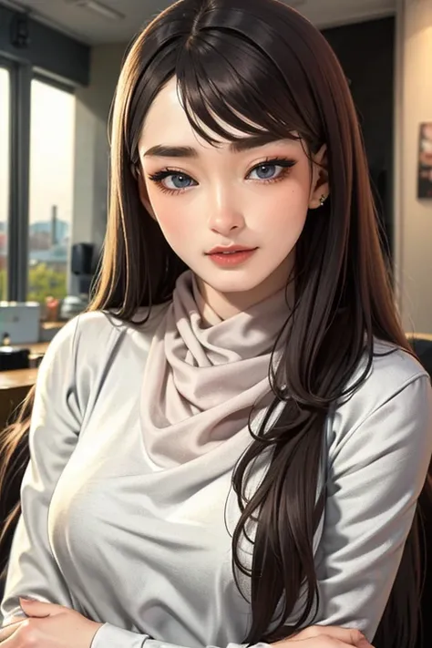 1girl, (long hair, brown hair), smiling, (city center:1.2), masterpiece, an extremely delicate and beautiful, extremely detailed, 2k wallpaper, Amazing, finely detail, extremely detailed CG unity 8k wallpaper, ultra-detailed, highres, soft light, beautiful detailed girl, extremely detailed eyes and face, beautiful detailed nose, beautiful detailed eyes, perfect anatomy, soft light, slender body, (close up:1.1)