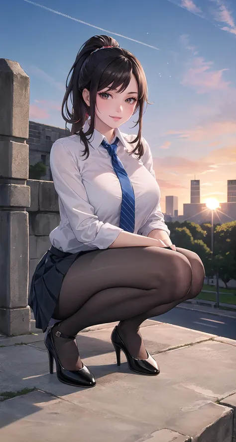 (masterpiece),(intricate details),1girl,mature female,Neat ponytail,,smile,pale skin,large breasts,brown eyes BREAK office lady uniform,necktie,pleated skirt,pantyhose,high heels, BREAK night,sunset,dusk,((cumulonimbus)),((squatting on the anywhere)),vivid rainbow of colors at Mexico's Chichen Itza, with the iconic El Castillo pyramid standing tall against the azure sky,((full body)),from above:1.3,depth of field,looking at viewer,