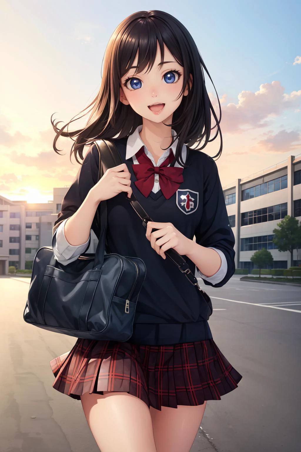 <lora:school_outdoors_v0.2:1>, school, gate, fence, building, trees,
(8k, masterpiece, best quality, ultra-detailed),
cute face, kawaii, cute, very big eyes, Aesthetic Anime Eyes, small face,
1girl, solo, large breasts, black hair,
school uniform, holding school bag,
smile, open mouth,
sunset,
looking at viewer,