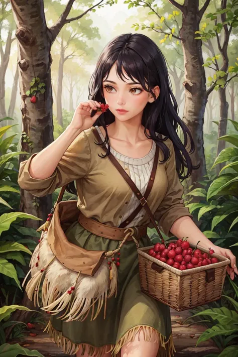 an american indian woman
dressed in deer skins
picks berries in the forest