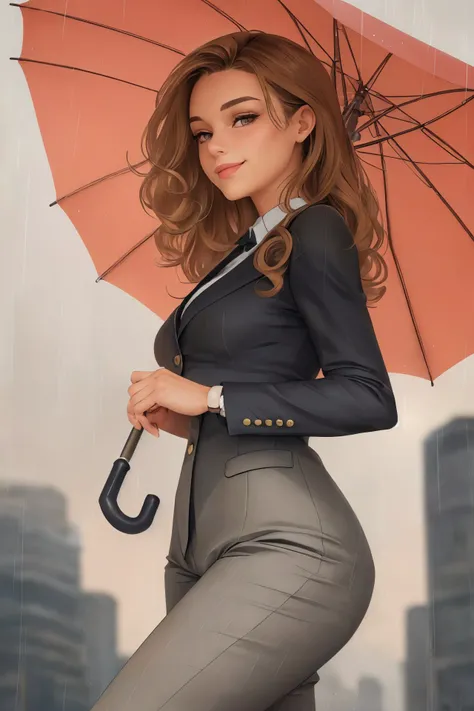 (low angle, closeup on face:1.2) photo of <lora:HaileyGrice_v1:0.9> HaileyGrice ,
smiling,
she is wearing pant suit
,
she is wearing watch,
her hair is styled as wavy shag hair,
BREAK she is (under an umbrella in the rain:1.1),
cinematic lighting,
50mm
,shot on Hasselblad 500CM
,lens flare,