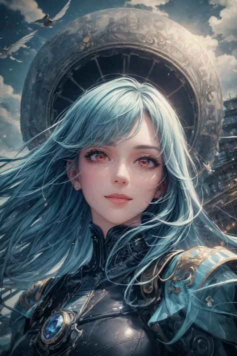 masterpiece, best quality, (realistic), (perfect face), intricate, sharp focus, <lora:add_detail:1>
1 girl, adult woman, red eyes, yellow fringe hair,
(focus on character:1.1), portrait, solo, half shot, detailed background, detailed face, (<lora:NodesTech:0.6>, data-space, NodesTech theme:1.1), aristocratic pose, smiling, ruling class, elegant clothing, elegant hat, looking up at floating (cloud city:1.1), cloudtop sky-city, floating platforms, floating buildings, dome, balcony, bridges, propellers, clouds in background, birds in background, epic atmosphere, glowing light green lights, dark moonlit night,