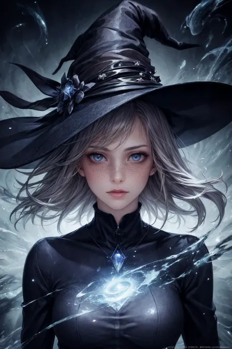 masterpiece, best quality, (realistic), (perfect face), intricate, sharp focus, <lora:add_detail:1>
1 girl, adult irish woman, freckles, grey-blue eyes, chestnut lob hair,
portrait, looking down, solo, upper body, detailed background, witch hat, witch, magical atmosphere, hair flowing in the wind, purple trimmed dark colored clothes, dynamic pose, swirling magic weaves in the air, dark magic, (style-swirlmagic:0.8), floating particles, clouded background, updraft, backlighting,