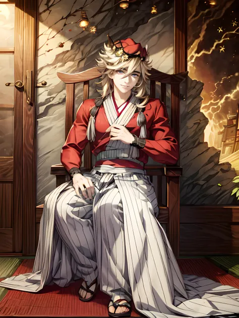 Sharpness, ultra realistic 8k cg, masterpiece, best quality, (realistic:1.3), (perfect face), intricate, beautiful scenery, 1man, looking at viewer, cinematic lighting, smile, handsome face, beautiful skin, <lora:douma:0.8>, , 1 man, red short yukata obi, long silver blond hair, (rainbow eyes), temple, cowboy shot, butterfly, <lora:Kimono:0.8>, <lora:more_details:0.8>, sitting on a throne, <lora:eyes:0.8>