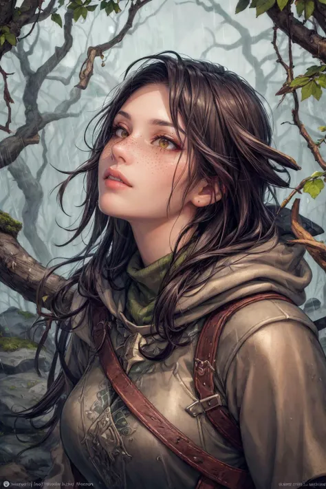 masterpiece, best quality, (realistic), (perfect face), intricate, sharp focus, <lora:add_detail:1>
1 girl, adult british woman, freckles, brown eyes, white quiff hair,
portrait, looking up, solo, (full body:0.6), detailed background, detailed face, (<lora:StonepunkAI:0.6>, stonepunkAI, stone theme:1.1) hunter, medieval fantasy setting, high fantasy, brown leather clothes, gloves, hood, pouch, serene forest, bushes, vines, ivy, stones, clearing, oak trees, moss, fallen leaves, birds, arrows in quiver, rain,