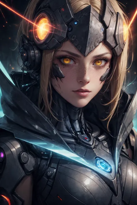 masterpiece, best quality, (realistic), (perfect face), intricate, sharp focus, <lora:add_detail:1>
1 girl, adult (elven:0.7) woman, freckles, yellow eyes, medium blonde shag hair,
cyborg portrait, (bloody scars:0.7), looking at viewer, solo, (full body:0.6), detailed background, close up, detailed face, (<lora:kVoidEnergy-000001:0.5>, V0id3nergy, void theme:1.1), futuristic glowing steel armor, cape, high-tech, advanced technology, cybernetic implants, high-tech (mask:0.9), head-up display, epic galactic in background, flashes of light, neon lights, lasers, explosions, cinematic atmosphere,
