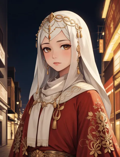 portrait, solo, upper body, looking at viewer, detailed background, detailed face, (<lora:BohoAI:0.6>, bohoai, boho theme:1.1) middle-eastern desert aristocrat, orange ottoman armor, embroidered clothes, shawl,  dynamic pose, stoic expression, arabic culture, middle-eastern city in background,  night sky, dry climate, cinematic atmosphere,