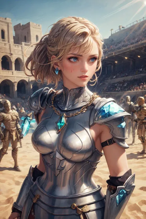 masterpiece, best quality, (realistic), (perfect face), intricate, sharp focus, <lora:add_detail:1>
1 girl, adult woman, light blue eyes, medium blonde updo hairstyle,
portrait, solo, (full body:0.6), looking down, detailed background, detailed face, (<lyco:DecorationBundlev2:0.4>, GemstoneAI, gemstone theme:1.1), gladiator, pit-fighter, victorious, dynamic pose, chains, light brown gladiator armor, shoulder armor, arena in background, sand, blood, sunshine, intense gladiatorial atmosphere,