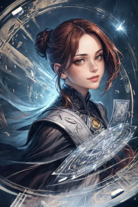masterpiece, best quality, (realistic), (perfect face), intricate, sharp focus, <lora:add_detail:1>
1 girl, adult spanish woman, freckles, dark brown eyes, brown updo hairstyle,
solo, half shot, detailed background, detailed face, (<lora:runemagic:0.4>, magic_circle, Rune_Magic theme:1.1), smirk, (card-wizard:1.05), gambler, white magician outfit, dynamic pose, (cards floating in the air:1.15), <lora:LightingVFX:0.2>, lightning in background, ethereal atmosphere,