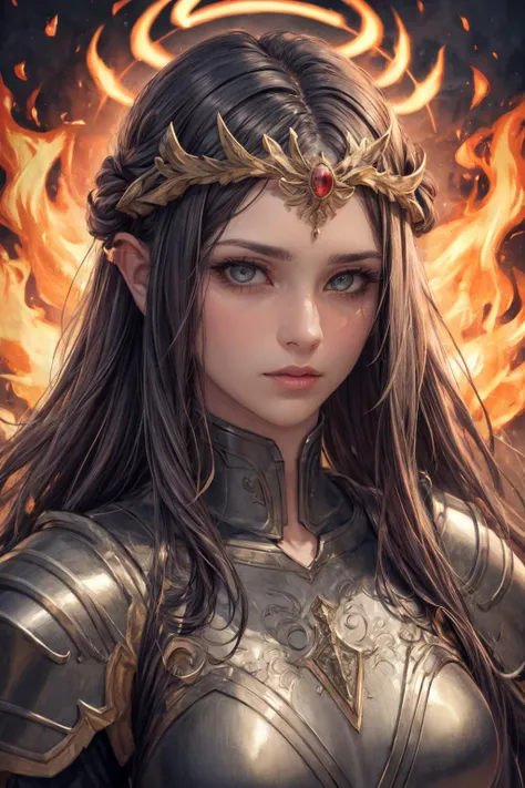 masterpiece, best quality, (realistic), (perfect face), intricate, sharp focus, <lora:add_detail:1>
1 girl, adult (elven:0.7) woman, hazel eyes, black updo hairstyle,
portrait, looking at viewer, solo, (full body:0.6), detailed background, close up, shining (biblical christianity religious theme:1.1), divine deity of war, stoic expression, simple iron circlet, fiery eyes, flames in background, <lora:Fire_VFX:0.2> armor, majestic divine atmosphere, bright light, holy aura, bloom, halo above head, divine light, white clothes, blessing, dynamic pose,